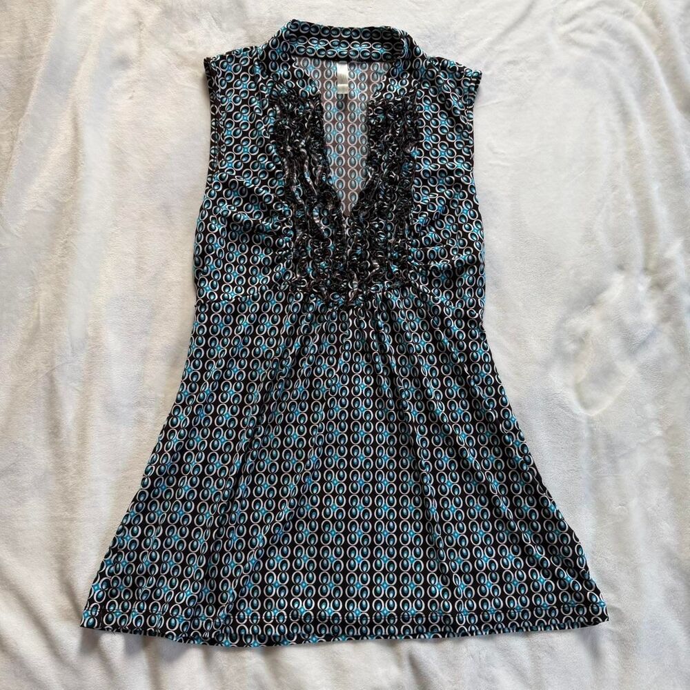 vintage y2k boho retro brown & blue geometric patterned blouse collared ruffles